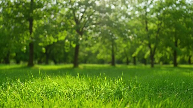 Green nature background with lush grass meadow park tree forest landscape spring summer sunlight blur bokeh and serene outdoor field, calm scenic spring landscape with soft blurred tree line