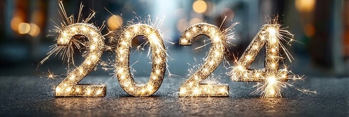 Obraz premium Sparkling Gold 2024 Number on Dark Background Celebrating New Year Eve Festive Party Atmosphere