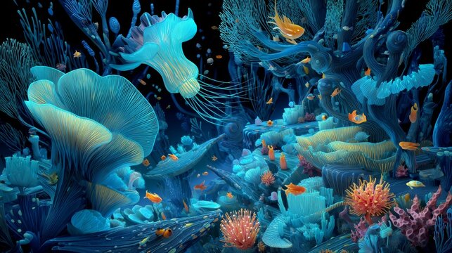 Beneath the crystal waves, an underwater kingdom of radiant coral pulses with color as bioluminescent creatures drift through its spiraled halls. 