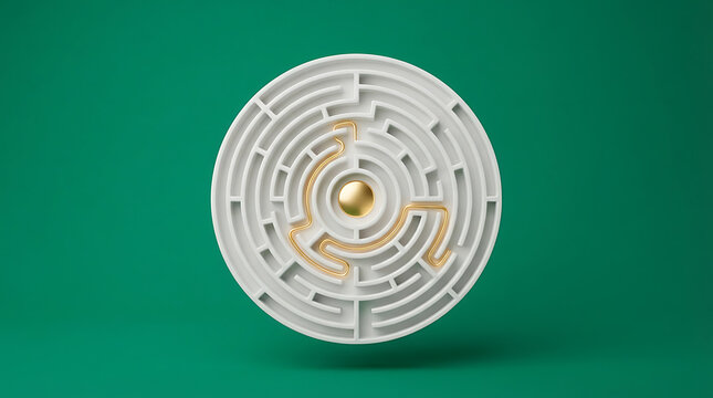 A circular white maze with a gold ball in the center on a dark green background representing a strategic business challenge or a complex problem solving concept for success
