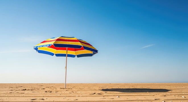 A vibrant vintage striped beach umbrella stands tall on a sun-drenched sandy shore under a clear blue sky, evoking a nostalgic summer feel, travel, shore, seaside