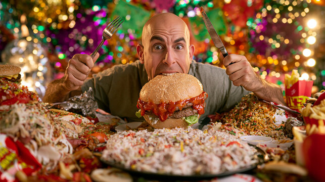 Man with oversized burger and fast food spread, gluttony and excess concept.