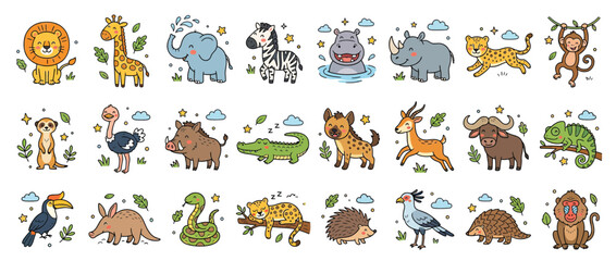 Obraz premium Cute Cartoon African Wildlife Animals Collection Isolated
