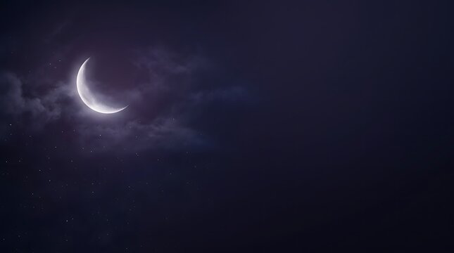 A beautiful crescent moon glowing brightly in the dark night sky surrounded by soft wispy clouds during the evening time