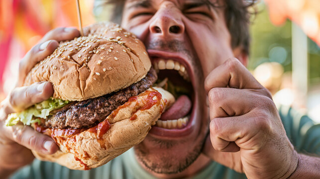 Man with oversized burger and fast food spread, gluttony and excess concept.