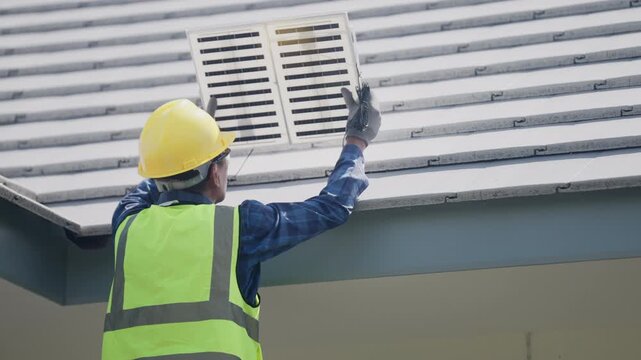 Skilled worker installs solar power equipment on a residential roof while wearing protective gear, representing green construction, renewable technology, home efficiency, and sustainability.