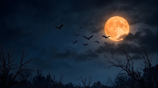 A spooky night scene featuring a large glowing full moon surrounded by dark clouds with silhouettes of flying bats overhead