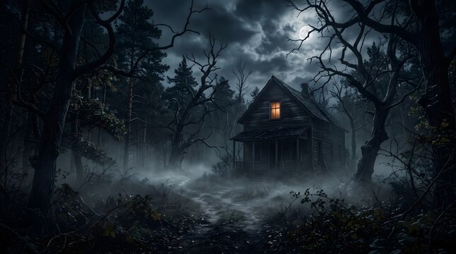 A spooky abandoned house stands in a dark foggy forest under a glowing full moon during a mysterious night scene