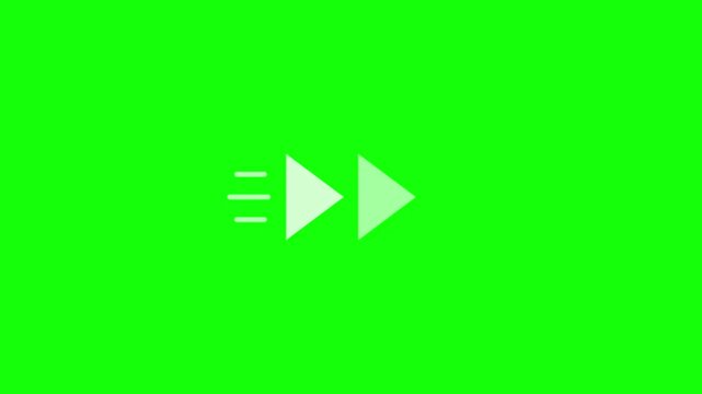 Fast forward animation symbol featuring white triangles and speed lines on a vibrant green screen background for digital motion projects