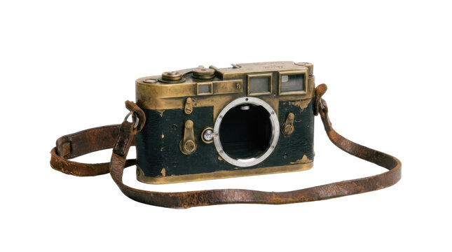 Vintage Leica Camera with Leather Strap PNG Isolated on transparent background