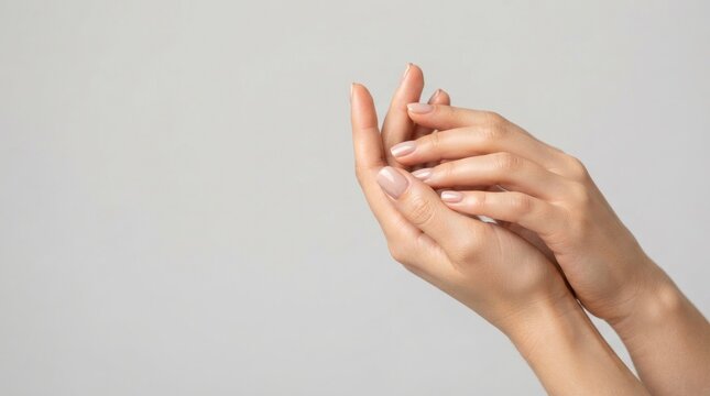 Close up of gentle hands held together in a gesture of care and support for world mental health day on a simple light grey background