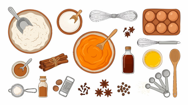 Baking ingredients and tools flat lay illustration for pumpkin pie or seasonal baking preparation isolated on white background