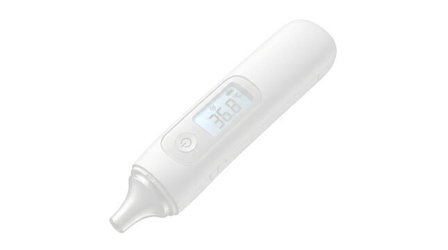 White digital ear thermometer with LCD display showing temperature reading on white background