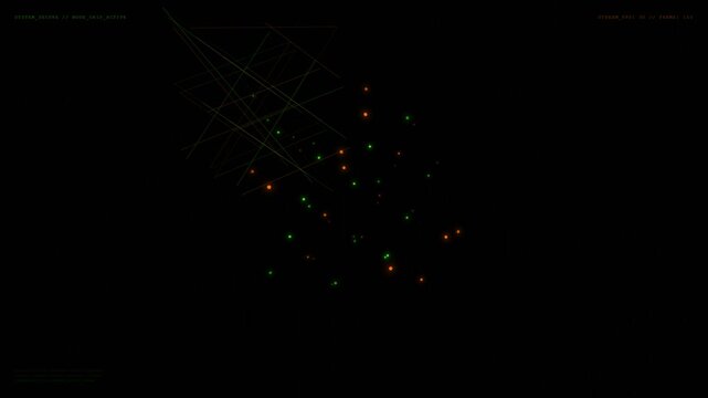 Abstract 3D digital network grid featuring glowing green and orange particle nodes connected by fine laser lines rotating slowly against a dark pitch black background in high tech sci-fi style.