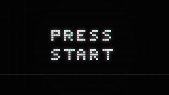 White pixel PRESS START text on black background, representing retro video game, arcade nostalgia, and classic gaming intro motion graphic.