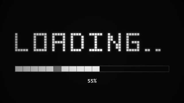 White pixel LOADING text with progress percentage on black background, representing retro video game loading, software installation, and app loading motion graphic.