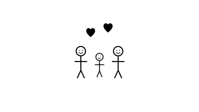 Stick figure family animation featuring two parents and child together with floating hearts against minimalist white background video clip motion