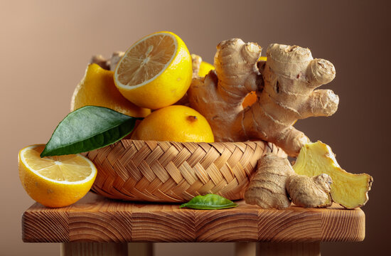 Fresh organic lemons and ginger roots on a wooden board.