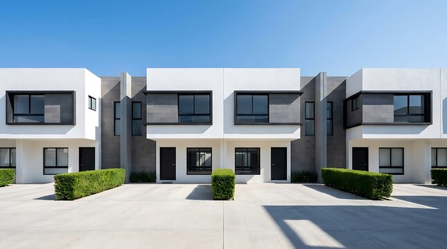 Modern residential townhouse complex with white exterior walls and dark window frames under a clear blue sky in summer