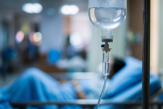 Close up of an unmarked IV fluid bag and drip chamber. Shallow depth of field blurs the patient in the background for medical treatment themes.