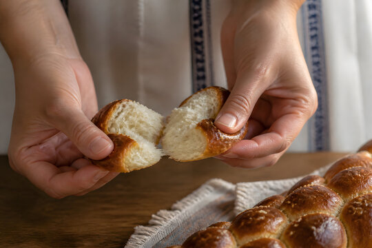 Hands breaking fresh challah in warm window light