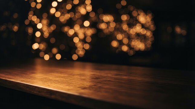 A dark wooden table surface with soft golden bokeh lights in the background perfect for a world mental health day concept or peaceful reflective space