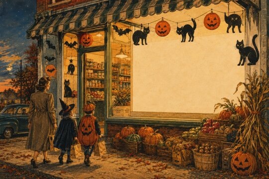 Autumn harvest festival at rustic farm stand. Family shopping for fresh pumpkins and seasonal produce at roadside market.
