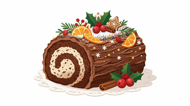 Festive Chocolate Yule Log Cake Decorated with Oranges Cranberries Holly and Cinnamon Stick for Christmas Celebration isolated on white background