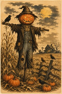 Halloween scarecrow in cornfield at dusk. Spooky autumn harvest decoration with pumpkin and hay bale in rustic farm setting illuminated by moonligh...