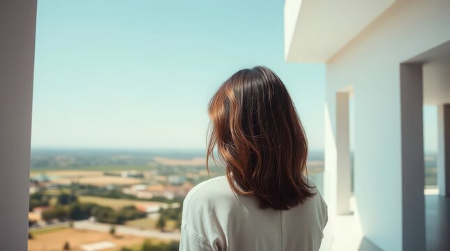 Woman looking at landscape from balcony. Female observer enjoying scenic view outdoors.