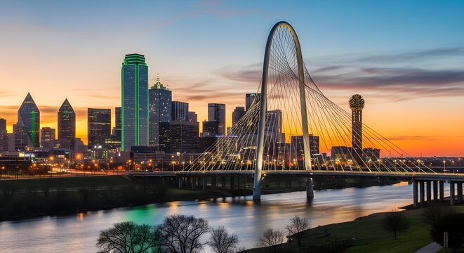 Bright dallas city skyline with illuminated bridge over river at sunset