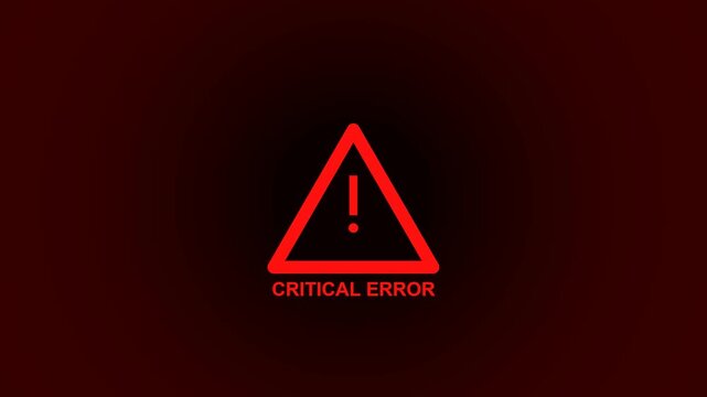 White warning triangle icon with critical error text on dark red background, representing system failure, danger alert, and technical warning motion graphic.