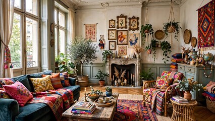 Obraz premium Colorful Bohemian Living Room Interior Featuring Eclectic Decor Cozy Vintage Style