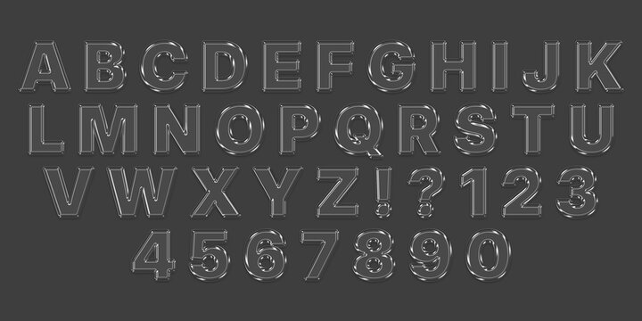 Transparent glass alphabet letters and numbers isolated on dark gray background, 3D glossy crystal font set