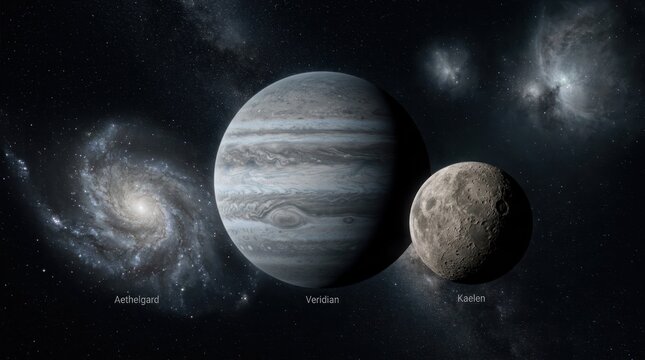 Gas giant planet and moon in space with galaxy