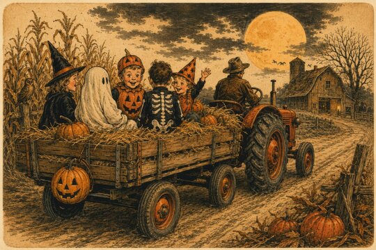Halloween night children riding a hayride wagon with pumpkins. Spooky autumn harvest festival scene with kids in costumes enjoying fall activities.