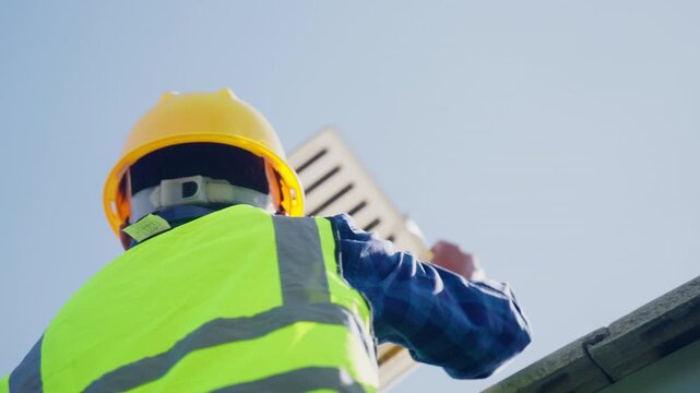 Solar installer works on a residential rooftop system, representing household renewable energy adoption, clean power generation, sustainable development, energy efficiency, and green technology.