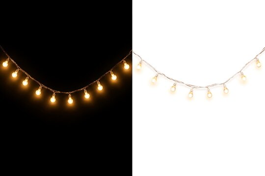 Glowing string lights on black and white backgrounds, decorative warm fairy lights for holiday celebration, festive hanging bulb garland set