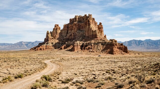 Desert landscape rock formation and dirt road