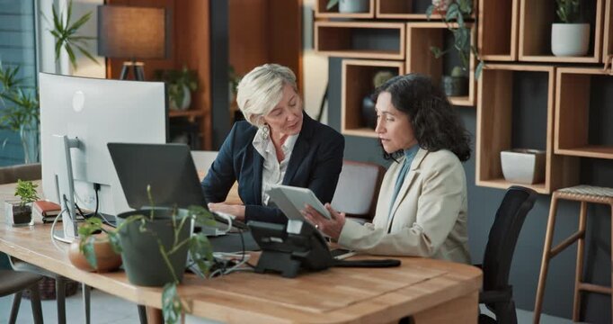Lawyer, meeting and business women on tablet for legal strategy, case study and research. Law firm, team and attorney with assistant on tech for online report, contract review or consulting for trial