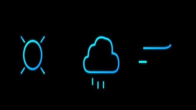 Weather icons displaying sun rain and wind in glowing blue neon light motion animation graphics for professional digital broadcast projects