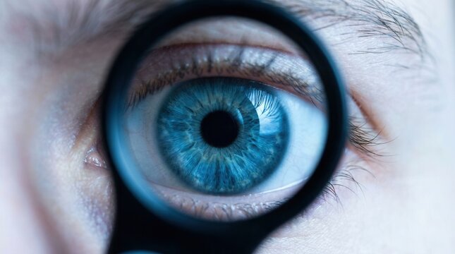 Extreme close up of a blue human eye seen through a circular lens focusing on iris detail.