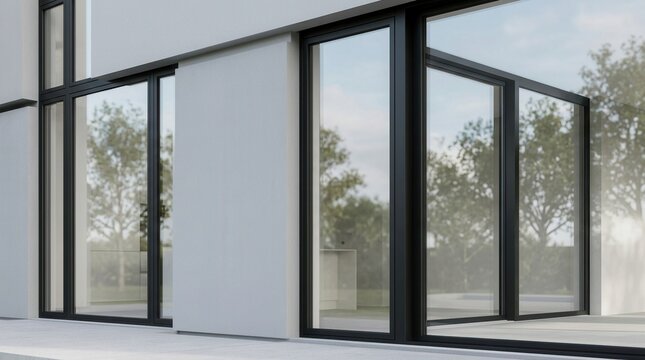 Modern black window frames on a light gray building exterior with reflective glass panes.
