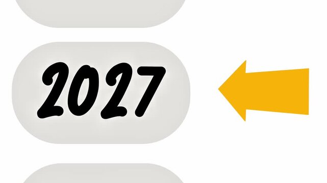 Motion graphic showing year progression from 2022 to 2027. Features pill-shaped buttons and arrow indicators on a stark white background.