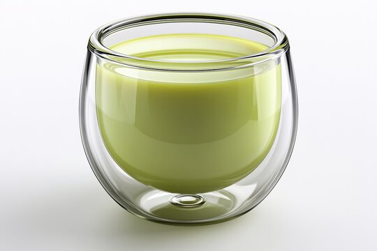 Glass cup filled with creamy green liquid, clear glass walls.