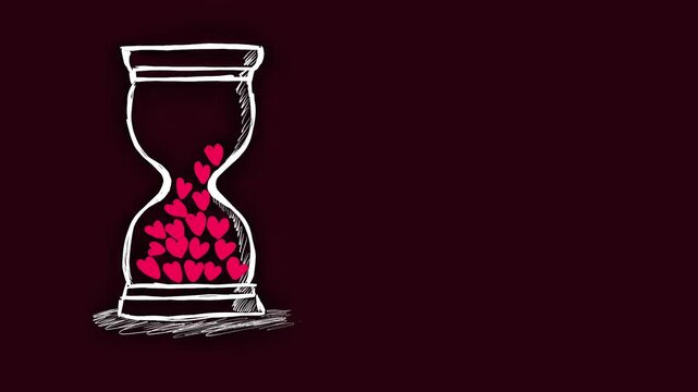 Hand drawn hourglass sketch with falling red hearts on a dark background symbolizing the passage of love time romance and rmotional memories with copy space beside the illustration