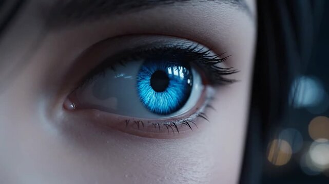 Futuristic human eye opens, revealing stunning blue iris in detailed close-up shot