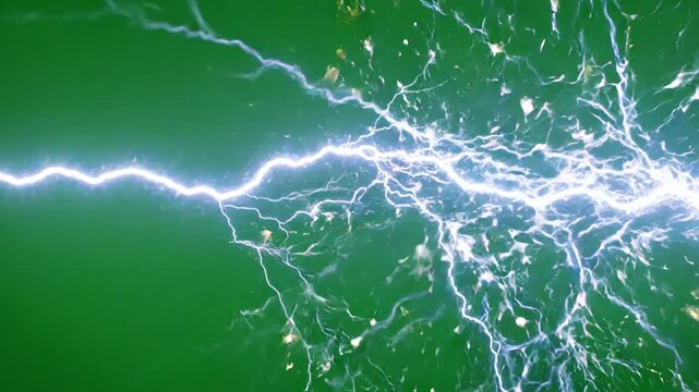 Electrical lightning strike and energy blast exploding on green screen.