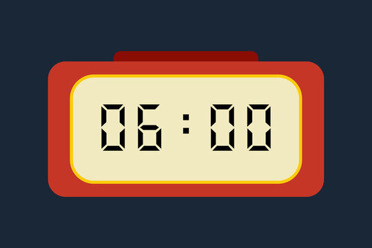yellow red digital clock showing 06:00 on a navy blue background