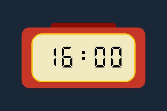 yellow red digital clock showing 16:00 on a navy blue background